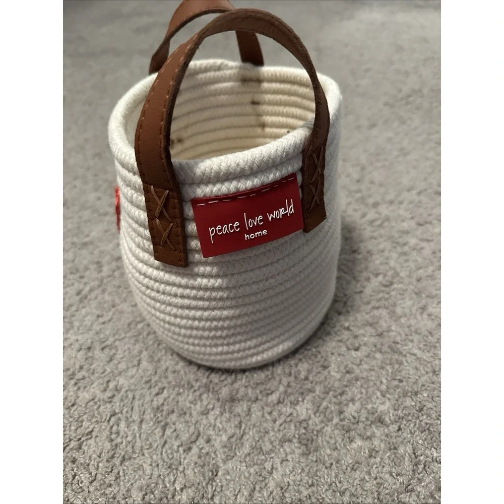 Peace Love World Woven Cream Small Basket Leather Handles Heart